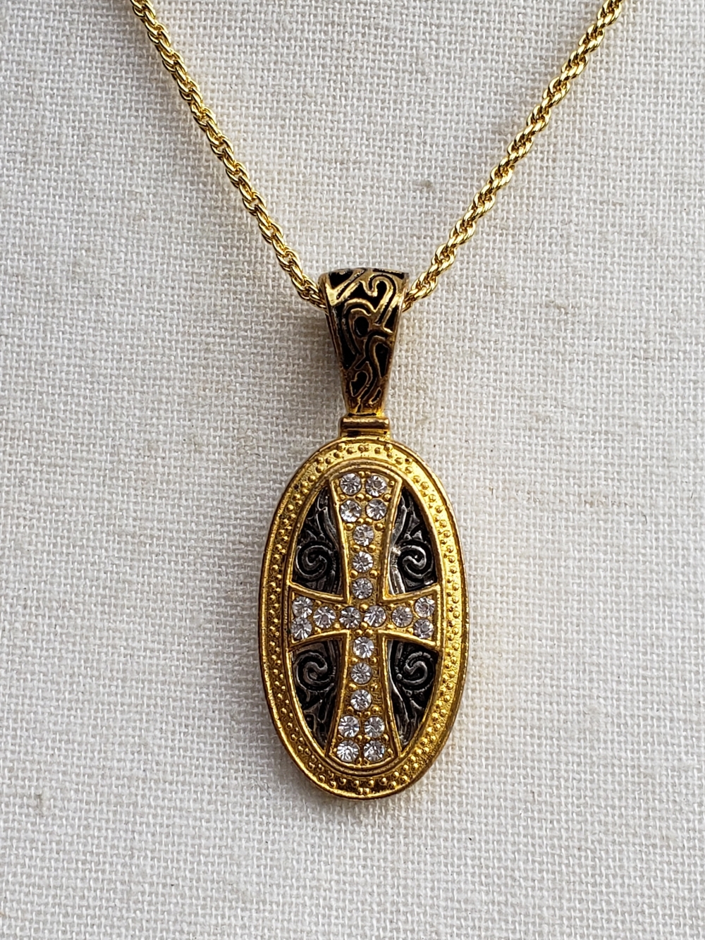 Gold-tone Cross Oval Pendant Necklace